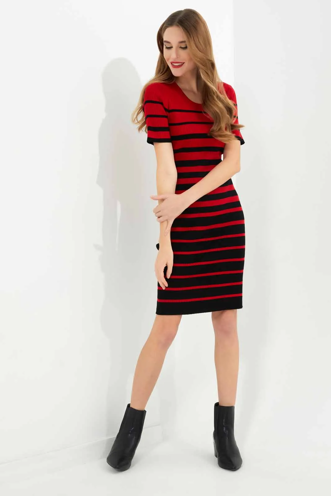 Women Red And Black Striped Bodycon Dress