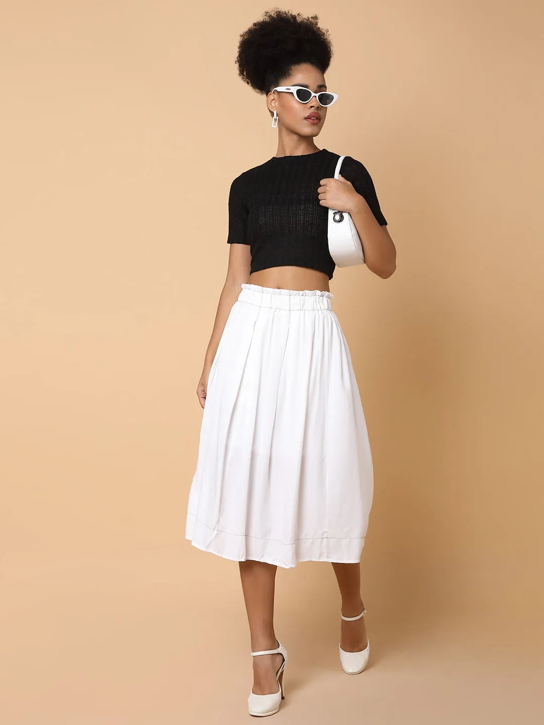 Women Solid White Flared Midi Skirt