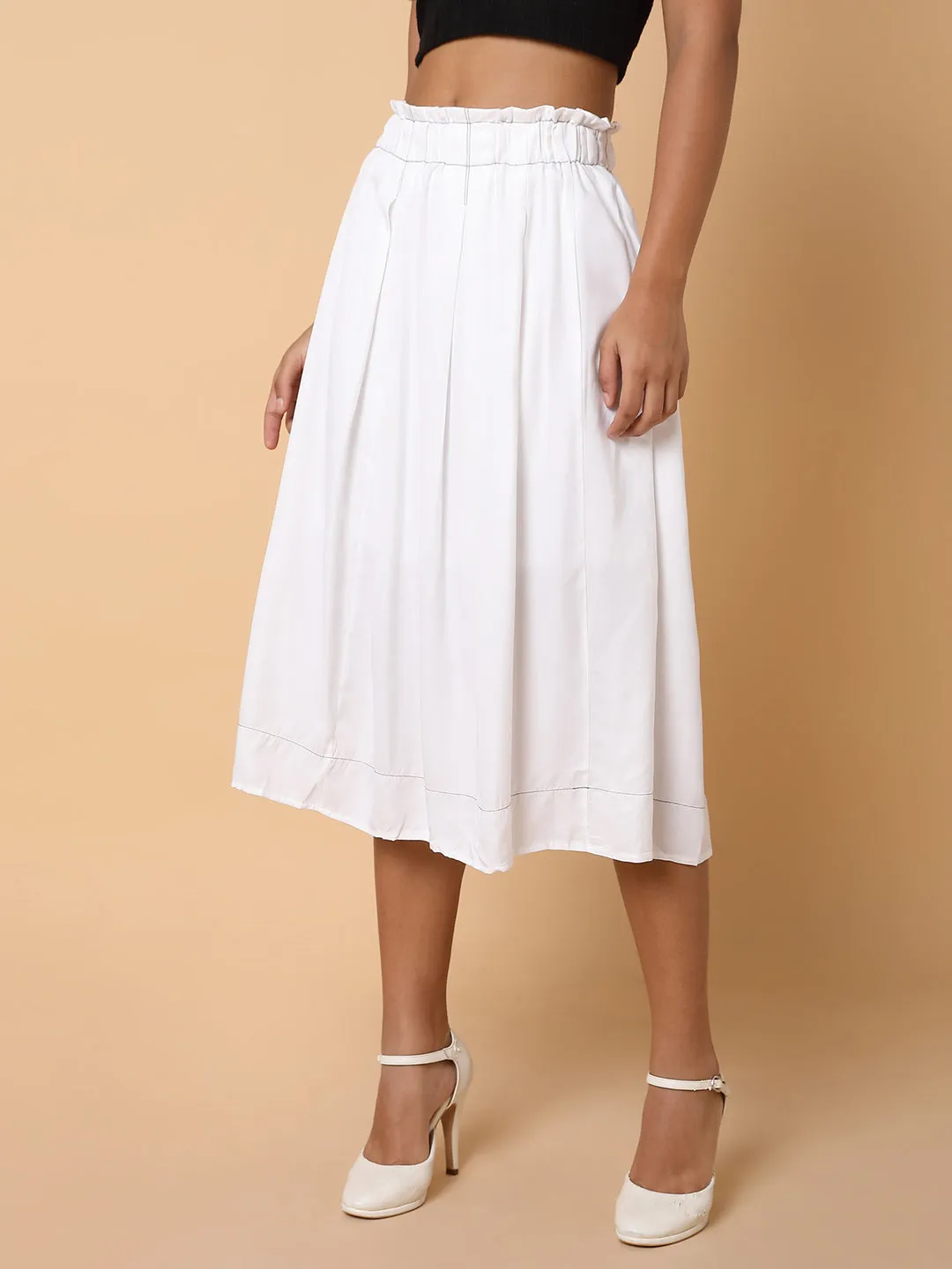 Women Solid White Flared Midi Skirt