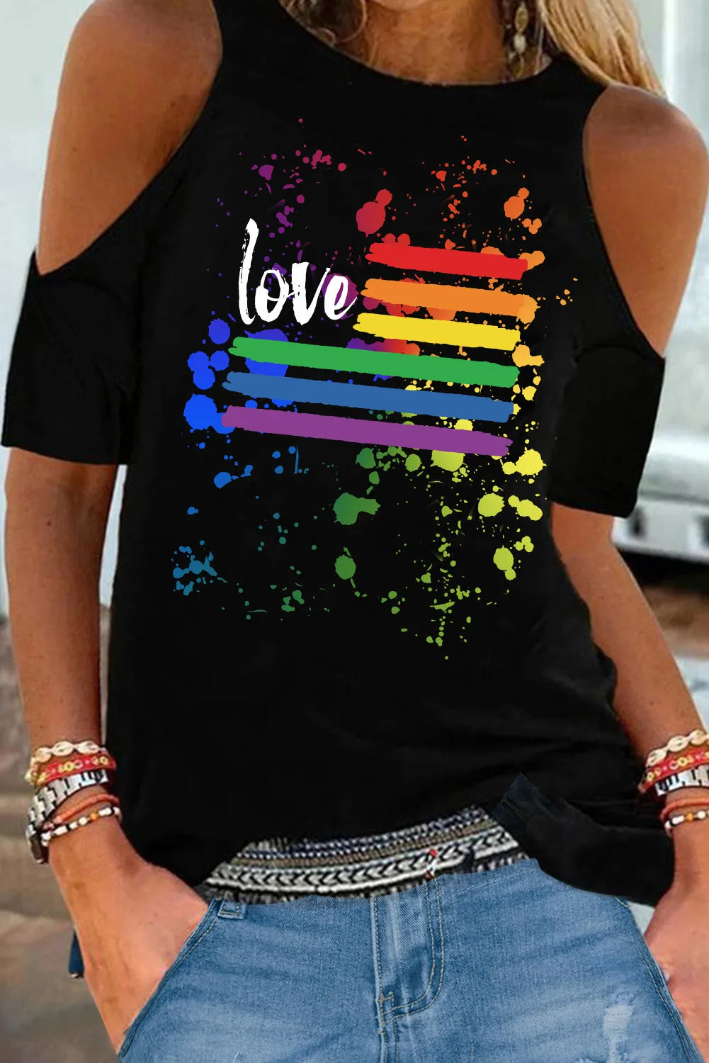 Women's Love Rainbow Top Cold Shoulder Tee Short Sleeve T-Shirt