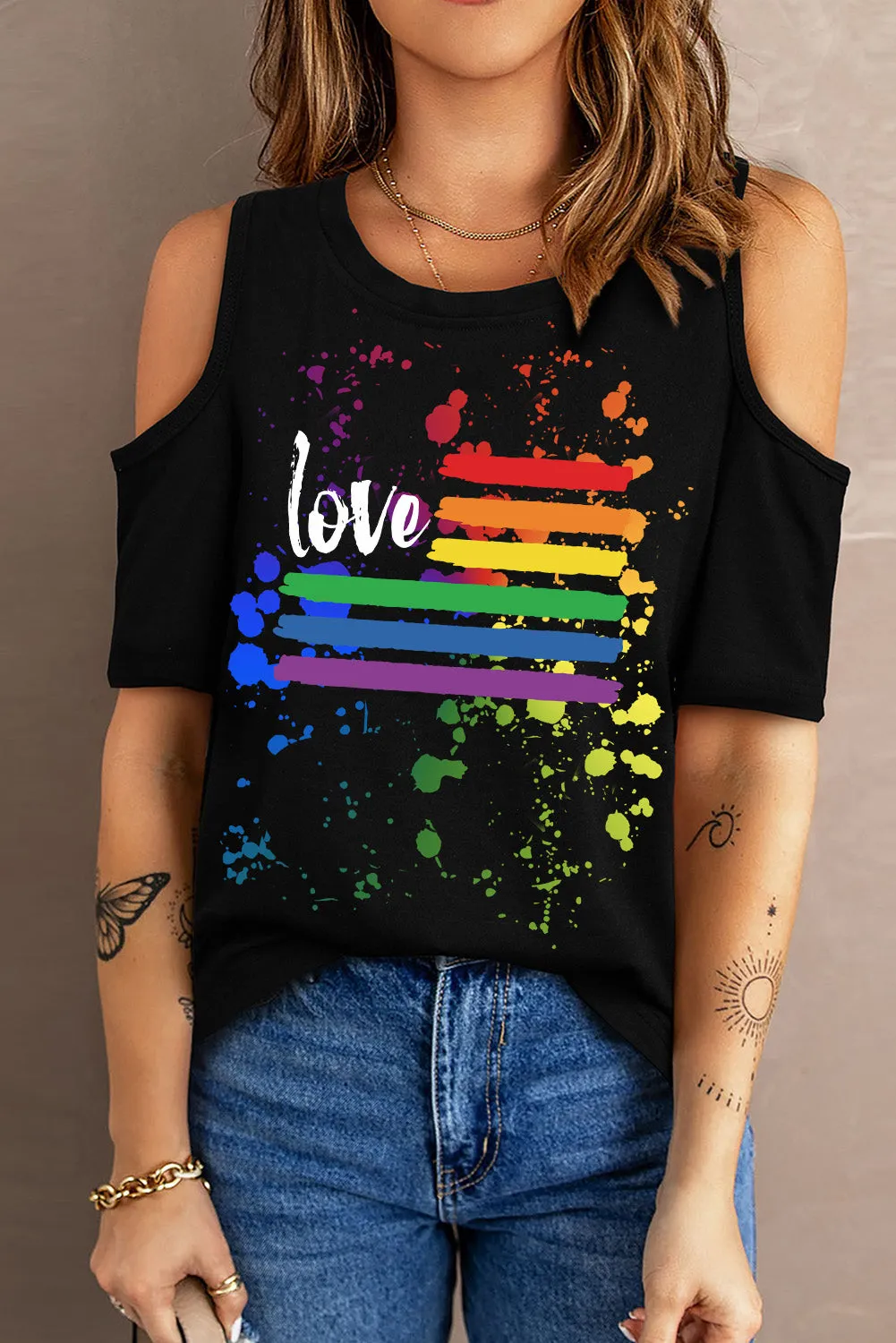 Women's Love Rainbow Top Cold Shoulder Tee Short Sleeve T-Shirt