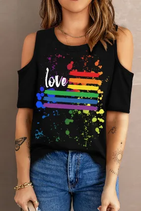 Women's Love Rainbow Top Cold Shoulder Tee Short Sleeve T-Shirt