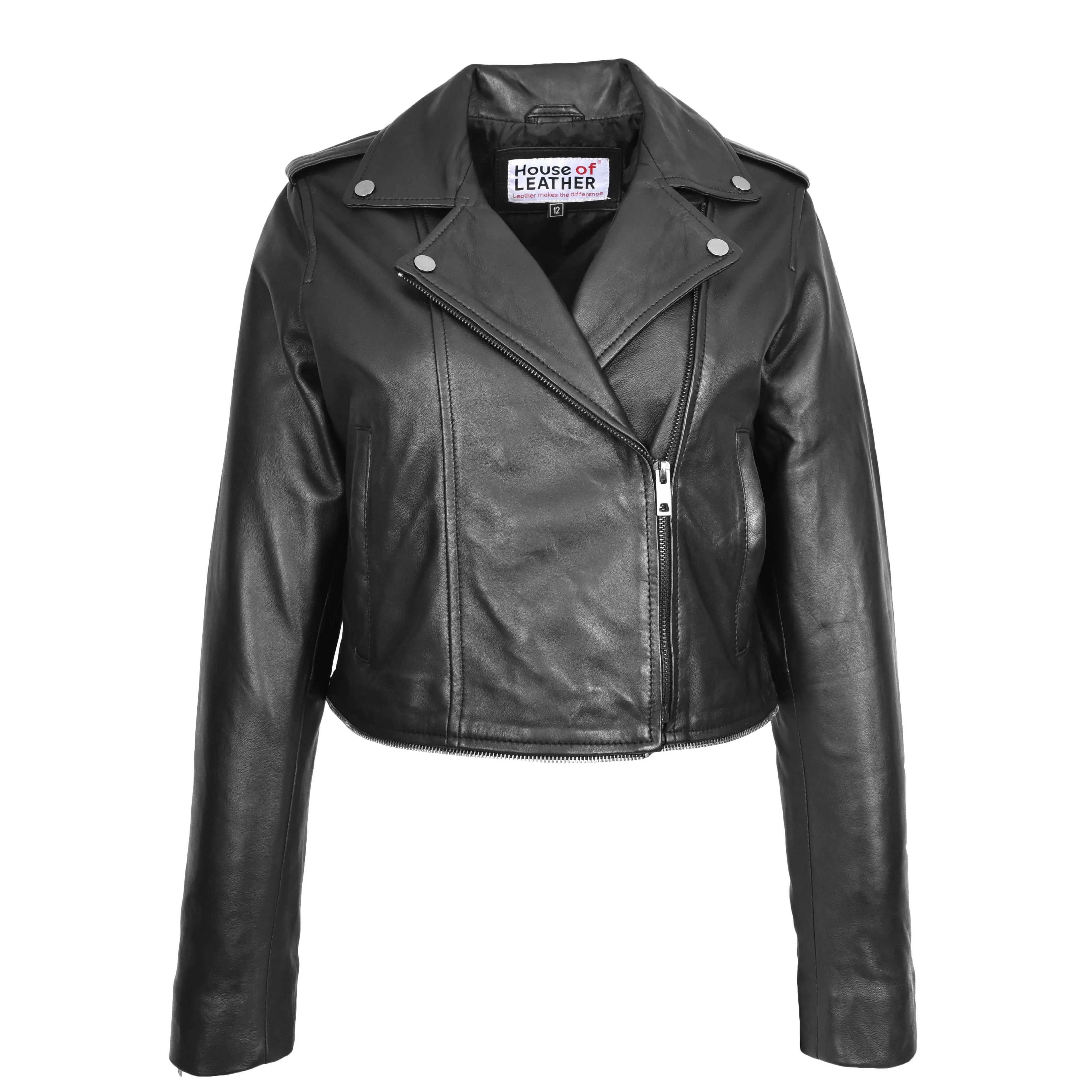 Womens Real Leather Biker Jacket 2-in-1 Cropped Style Bianca Black