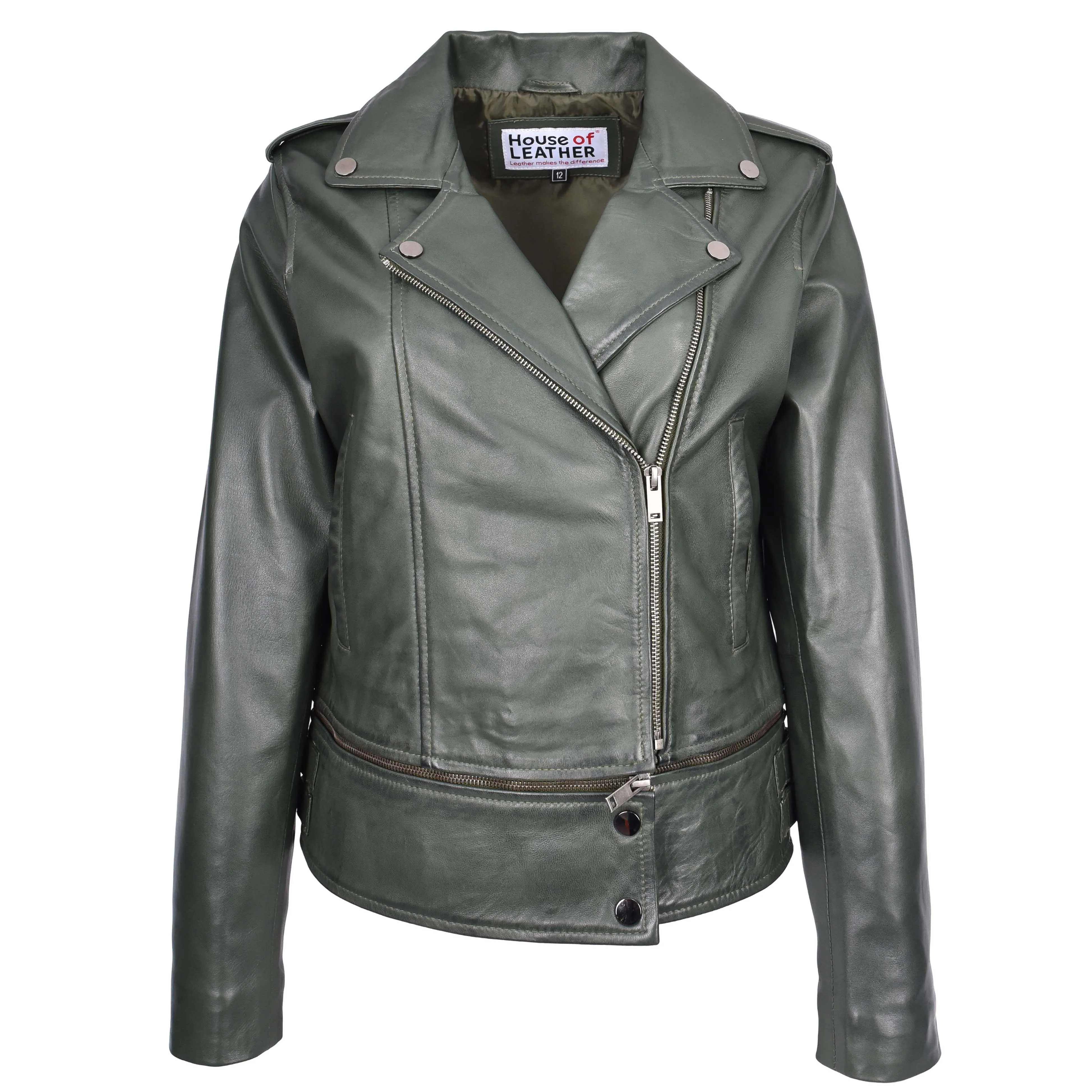 Womens Real Leather Biker Jacket 2-in-1 Cropped Style Bianca Green