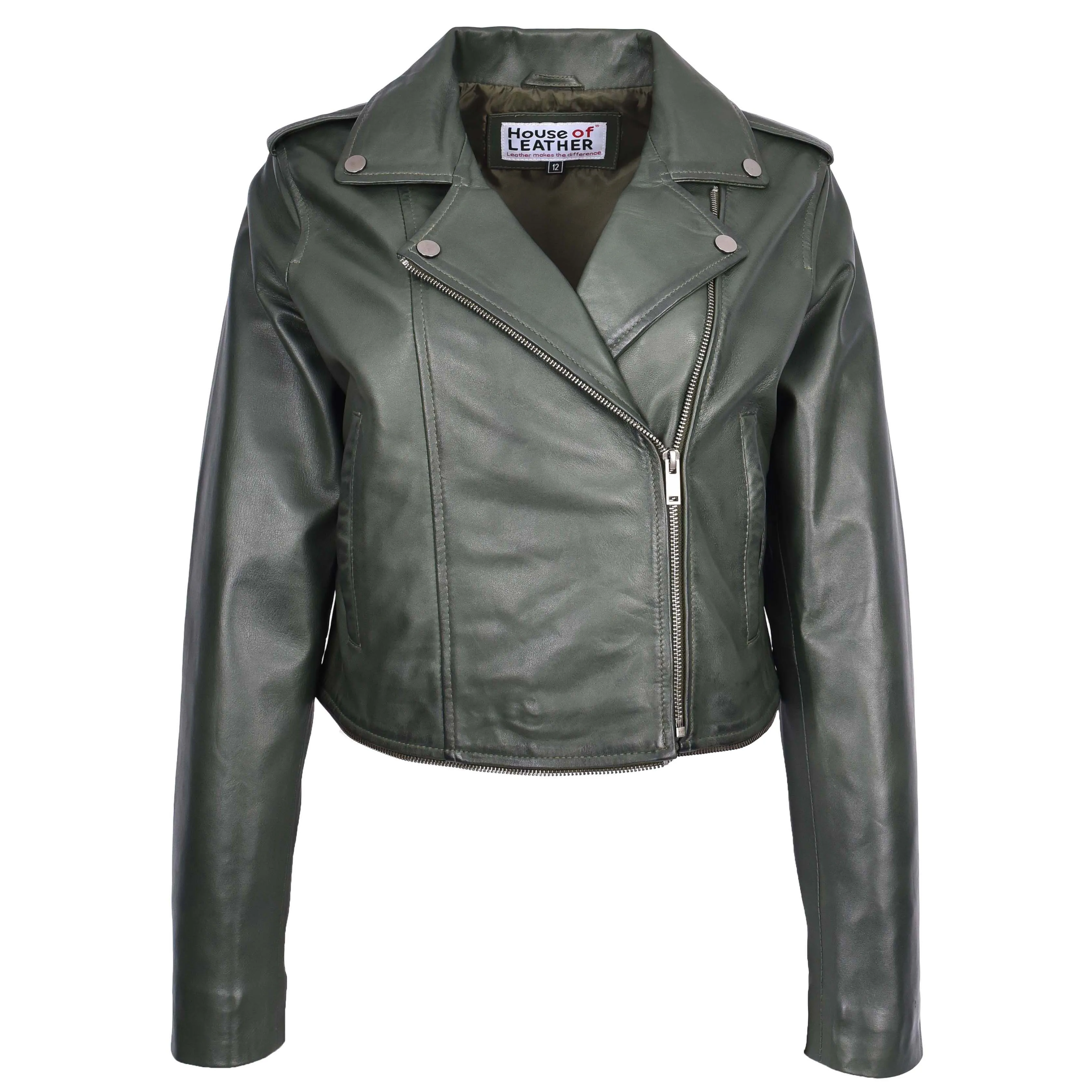 Womens Real Leather Biker Jacket 2-in-1 Cropped Style Bianca Green