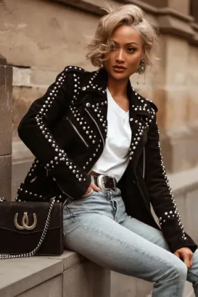 Women's Silver Studded Black Suede Leather Jacket